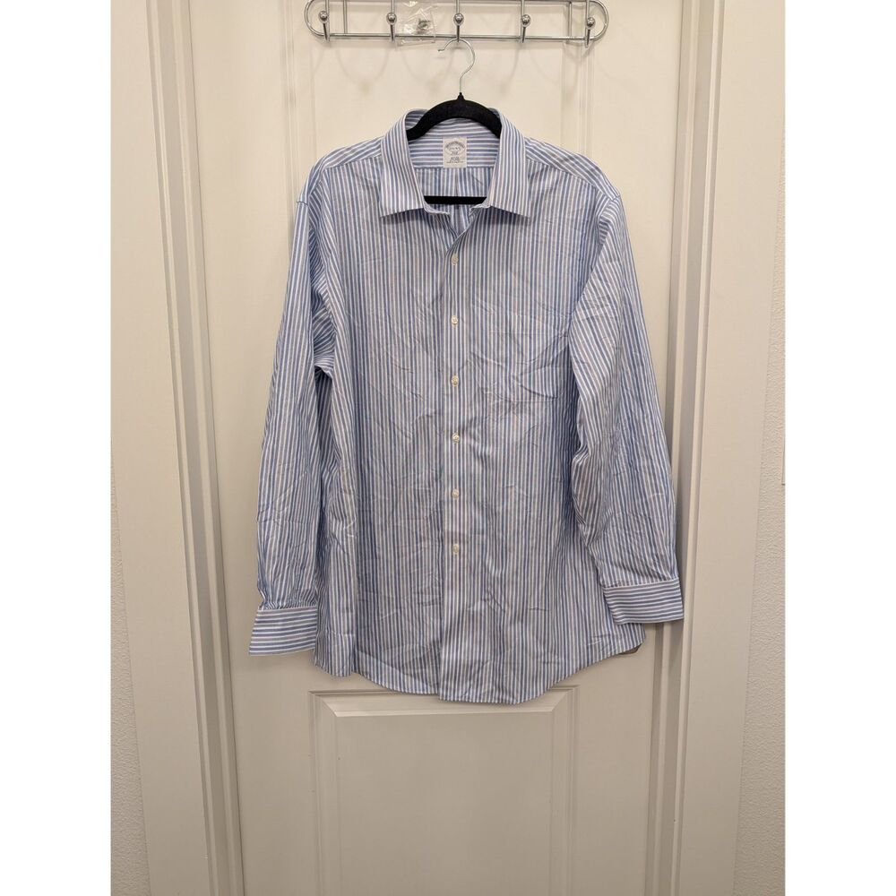 Brooks Brothers Dress Shirt Mens 17.5 34/35 Blue White Stripe Cotton Button Up